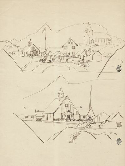 Kent rendered this double sketch of Sisimiut Greenland, known by its Danish colonial name of Holstei...