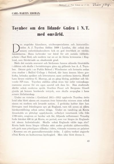 Toynbee om den lidande Guden i N. T. med omvärld.…