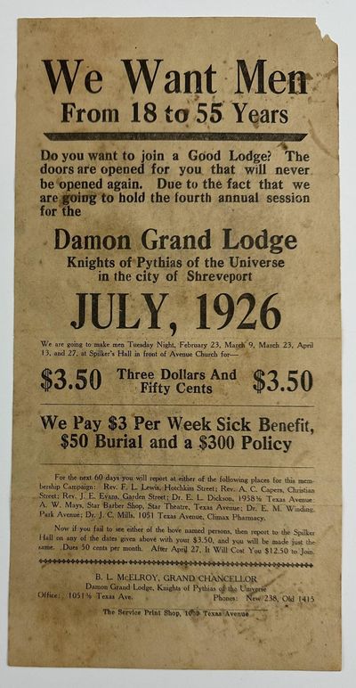 We Want Men from 18 to 55 Years. Do You Want to Join a Good Lodge? The Doors Are Opened for You That Will Never Be Opened Again... [caption title and first lines of text]