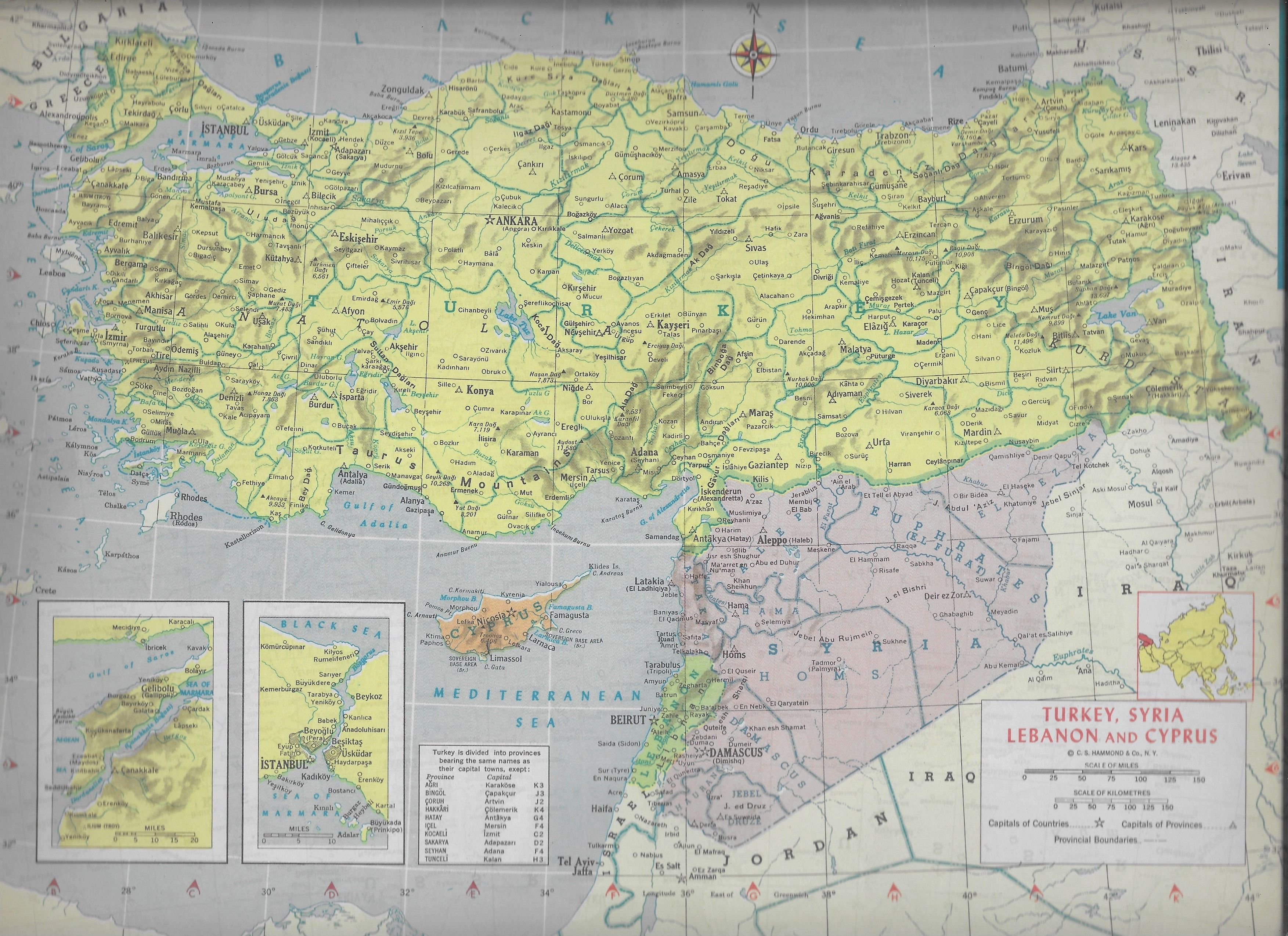 洋書 Lebanon Turkey Saudia Arabia and Jordan Turkey, Syria, Lebanon, and Cyprus, Color Map 1962 | C. S.