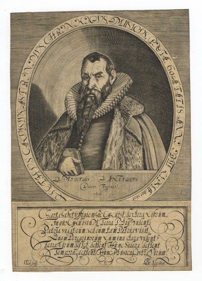 Fine half-length portrait engraving in formal dress holding a copy of his "Chronologia." Dated 1616