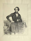 Fine large three-quarter length lithograph by Charles Baugniet (1814-1886) of the violinist in formal dress, leaning in Napoleonic stance on a decoratively carved sideboard on which rest an apparent musical manuscript in progress entitled "Adagio," an inkpot, and quill pen, with a violin on a carved chair to the subject's left