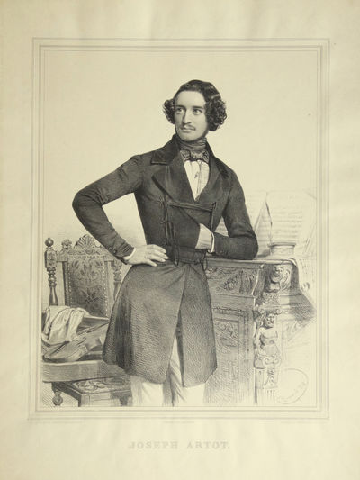Fine large three-quarter length lithograph by Charles Baugniet (1814-1886) of the violinist in formal dress, leaning in Napoleonic stance on a decoratively carved sideboard on which rest an apparent musical manuscript in progress entitled "Adagio," an inkpot, and quill pen, with a violin on a carved chair to the subject's left