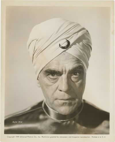 Universal City: Universal Pictures, 1949. Vintage portrait photograph of Boris Karloff as Swami Talp...