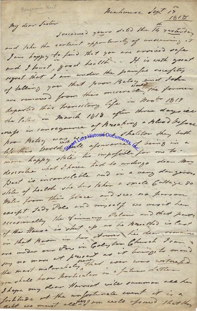 Artist Benjamin West Writes About The Deaths Of Close Family Members And Refuses Other Family Financial Aid: There Is No One On Earth That Loves Their Relations Better Than Myself But It Is High Times For Me Now To Know That Self Preservation Is The First Law Of NatureI Am In A Delicate State Of Health