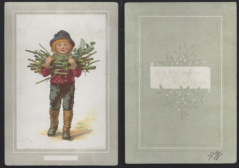 VICTORIAN HAPPY NEW YEAR CARD WITH BOY CARRYING HOLLY BRANCHES