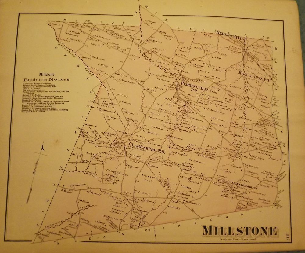 MILLSTONE TOWNSHIP MAP, 1873 by F.W. BEERS ATLAS OF MONMOUTH COUNTY