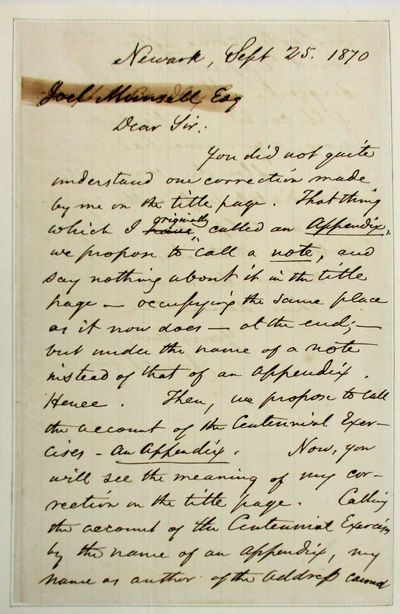AUTOGRAPH LETTER SIGNED, AS ASSOCIATE JUSTICE OF THE UNITED STATES SUPREME COURT, TO PUBLISHER JOEL MUNSELL, 25 SEPTEMBER 1870, REGARDING CORRECTIONS TO AN ESSAY BEFORE PUBLICATION