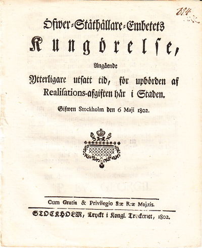 Öfwer-Ståthållare-Embetets Kungörelse, Angående…