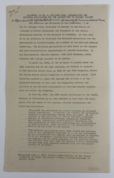 Statement of Dr. W. Montague Cobb, Representing the National Association for the Advancement of Colored People in Opposition to the Taft Health Bill, S. 545, Sponsored by the American Medical Assn. [caption title]
