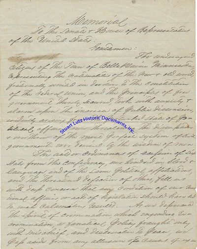 Shortly After The Southern States Started To Seceed, Minnesotans From Belle Plaine Send A Petition To Congress To Reconcile National Differences