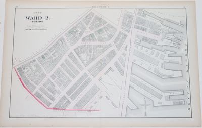 Boston: G. M. Hopkins, 1874. NA. Lightly hand-colored 1874 of a large part of the Second Ward in Bos...