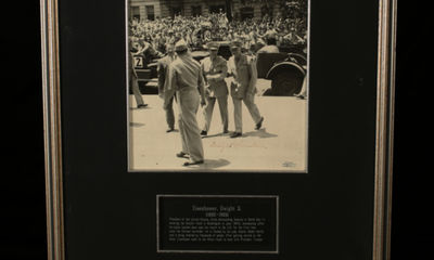 Ike Returns to the United States Victorious After V-E Day: Large Signed Photograph of Eisenhower Upon His Arrival Home on June 18, 1945, Heading to the White House to Meet with President Truman