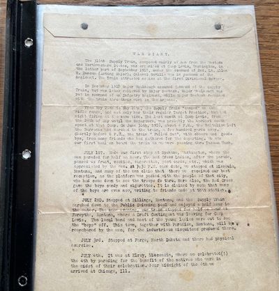 World War I small group of ephemera including a typed War Diary and Citations of the 316th Supply Train, Ninety First Division A.E.F.; an embroidered handkerchief "Souvenir of France"; and more