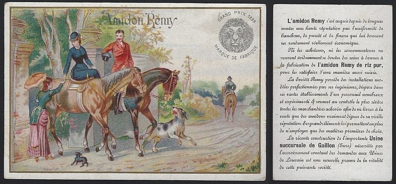 VICTORIAN TRADE CARD FOR AMIDON REMY WITH COUPLE RIDING HORSES