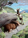 Two Goats with a Bird above