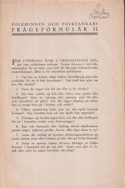 Folkminnen och folktankars frågeformulär II [=…