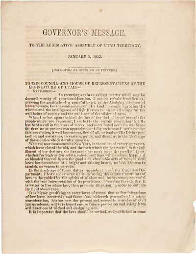 GOVERNOR'S MESSAGE, TO THE LEGISLATIVE ASSEMBLY OF UTAH TERRITORY, JANUARY 5, 1852.