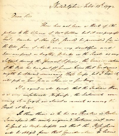 Autograph Letter Signed, as United States Senator from Massachusetts, Philadelphia, February 13th, 1792, to Thomas Dwight, Springfield, Massachusetts