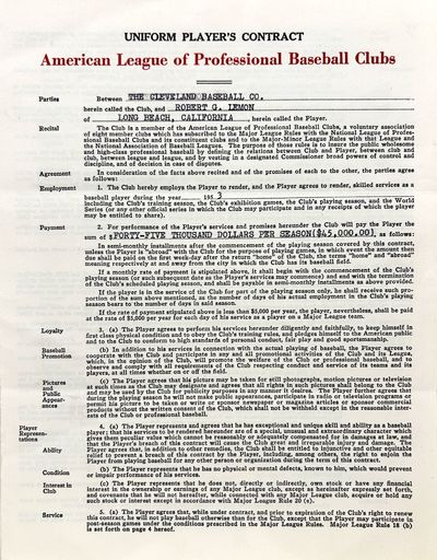 [Lemon, Robert G.]; [Greenberg, Hank]. 1953 Uniform Player's Contract between Bob Lemon and the Cleveland Indians