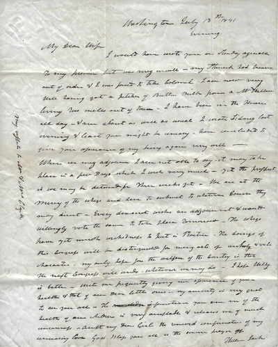 Autograph Letter Signed, as Member of Congress, Washington, July 13, 1841, to his wife, Harriet Jack, Brookville, Jefferson County, Pennsylvania