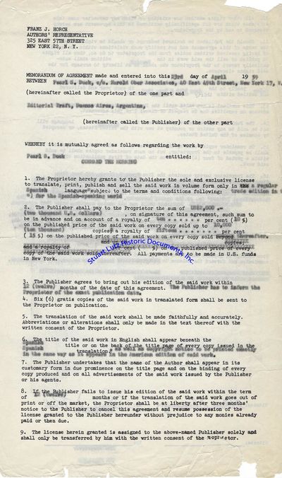 Pearl Buck Sells Rights To The Spanish-Language Publication Of Command The Morning