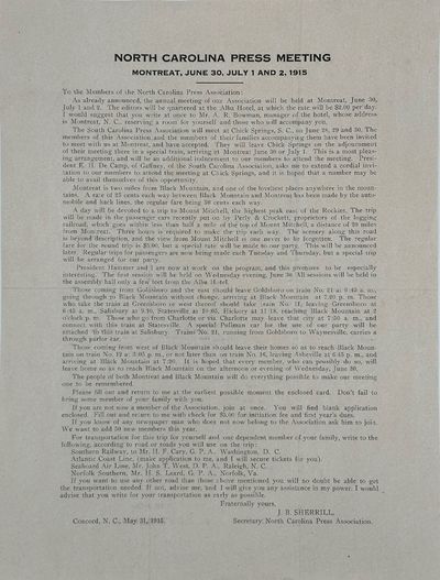 NORTH CAROLINA PRESS MEETING / MONTREAT, JUNE30, JULY 1 AND 2, 1915 [caption title followed by 13 paragraphs of text]. Signed in type at the end “J.B. Sherrill, / Secretary, North Carolina Press Association.”