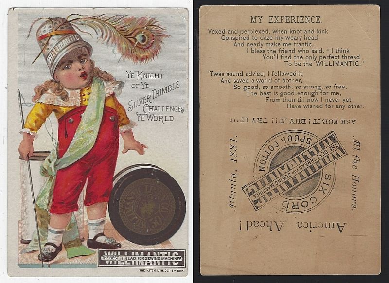 VICTORIAN TRADE CARD FOR WILLIAMANTIC THREAD WITH YOUNG BOY, KNIGHT OF YE SILVER THIMBLE