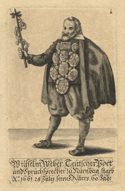 Wilhelm Weber, Mastersinger of Nuremberg. Full-length portrait engraving. ?Late 17th century