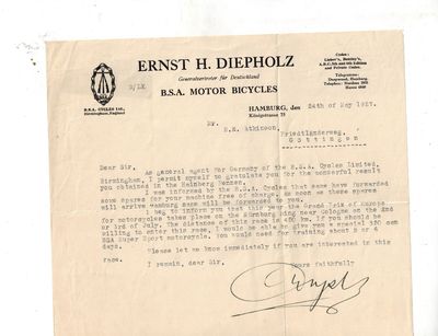 TLS from Head of B.S.A. Motor Bicycles and Programs for Funftes and 6. Hainberg Rennen,, 1927-1928