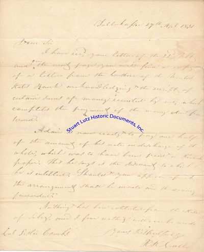 Future Governor Of Florida Richard Call Writes A Letter About Debts Owed To The United States Bank