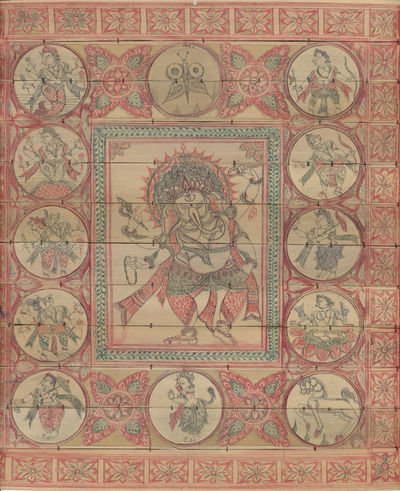 Colored pen drawing on 12 attached bamboo slats, with 12 2-sided flip panels revealing Kama Sutra positions