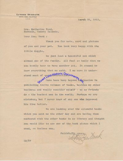 Horticulturalist Luther Burbank On The Recent Loss Of His Cat