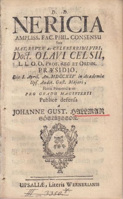 Nericia. Diss., resp. Johan G. Hallman.