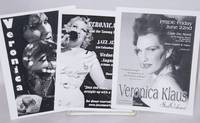 Three postcard-size handbills for performances by Veronica Klaus