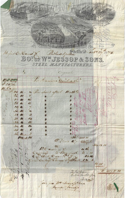 1875 - An impressive invoice from the preeminent English steelworks to a Philadelphia bed and furniture factory