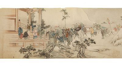 Fine illustrated Ginzan emaki (illustrated silver mining handscroll), entitled in manuscript at beginning “Tanshū Ikuno Ginzan ezu” 但州生野銀山繪圖 (“[current] Hyōgo Prefecture, Ikuno Silver Mine, Illustrated”)