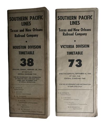 Southern Pacific Lines, Texas and New Orleans Railroad Company. Victoria Division Timetable 73" together with "Southern Pacific Lines, Texas and New Orleans Railroad Company. Houston Division Timetable 38
