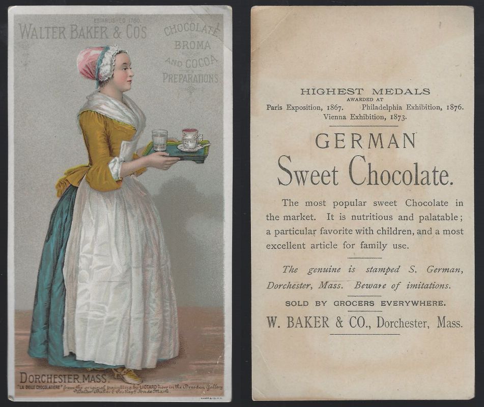 VICTORIAN TRADE CARD FOR WALTER BAKER CHOCOLATE WITH LA BELLE CHOCOLATIERE