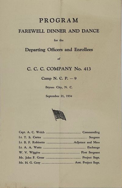 PROGRAM: Farewell Dinner, and Dance for the Departing Officers and Enrollees of C.C.C. Company No. 413, Camp N.C.P. – 9, Bryson City, N.C., September 21, 1934 cover title]