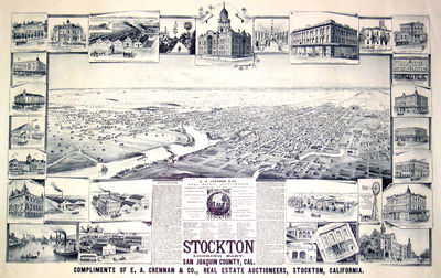 Stockton Looking East. San Joaquin County, Cal. Original Bird's Eye View. [LITHOGRAPH]