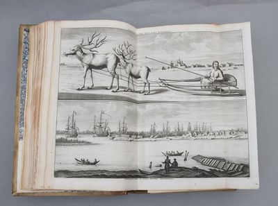 Cornelis de Bruyns Travels. 2 works. Volume 1: Reizen van Cornelis de Bruyn, door de vermaardste deelen van Klein Asia, de eylanden Scio, Rhodus, Cyprus, Metelino, Stanchio, &c. Misgarders de voornaamste Steden van Ægypten, Syrien en Palestina... Delft, Gedrukt by Henrik van krooneveld, 1698. Engraved frontispiece, engraved portrait, title-page (14) + 398 + (8) pp. 1 large folding and engraved map. 210 + 3 unnumbered engraved illustrations on 94 plates and text illustrations. Many of the plates are double-page or folding. Volume 2: Reizen over Moskovie, door Persie en Indie: verrykt met driehondert kunstplaten, vertoonende de beromste lantschappen en steden, ook de byzondere dragten, beesten, gewassen en planten, die daar gevonden worden: voor al derzelver oudheden, en voornamntlyk heel uitvoerig, die van het heerlyke en van ouds de geheele werrelt door befaemde hof van Persepolis, by den Persianen Tchilminar genaemt... (photo 3)