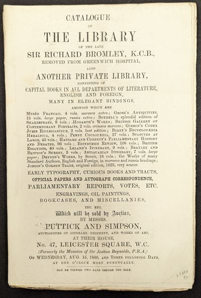 Catalogue of the Library, Removed from Greenwich Hospital, also another Private Library, consisting of Capital Books in all Departments of Literature, English and Foreign, many in Elegant Bindings. .