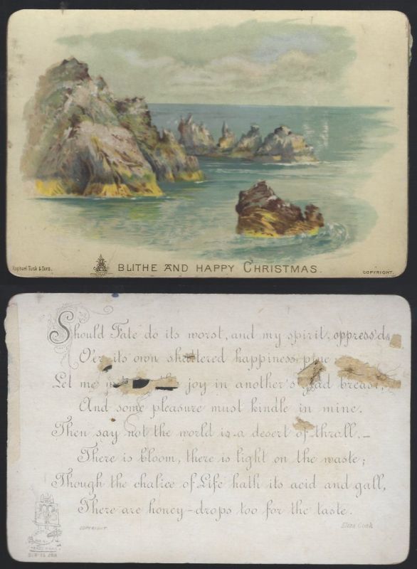 VICTORIAN RAPHAEL TUCK CHRISTMAS CARD WITH SEASCAPE AND ELIZA COOK POEM