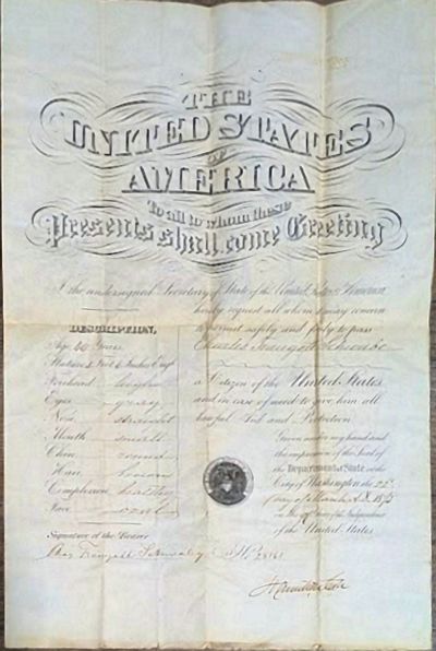 1873 – An impressive U.S. State Department Naturalization Certificate for a German immigrant who opened a boot-making shop in St. Louis, Missouri along with two cdvs, one in duck-hunting gear wearing a pair of what, no doubt, are boots that he made himself