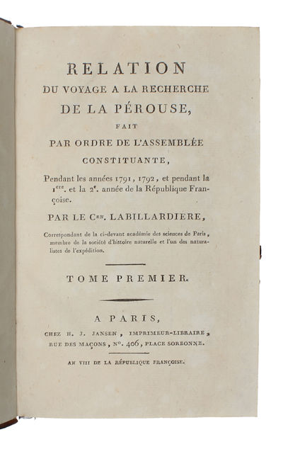 Relation du voyage à la recherche de La Pérouse, fait par ordre de l'Assemblée constituante, Pendant les années 1791, 1792, et pendant la 1ère. et la 2de. année de la République Françoise. 2 vols.  - [LA PEROUSE] (photo 3)
