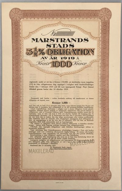 [Obligation]. Marstrands stads 5½ % Obligation av…