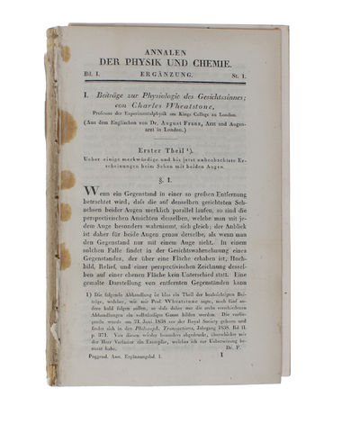 Beiträge zur Physiologie des Gesichtssinnes. (Aus dem Englishen von dr. August Franz). Erster Theil (alles übersetzt): Ueber einige merkwürdige und bis jetzt unbeobachtete Erscheinuungen beim Sehen mit beiden Augen. (photo 2)