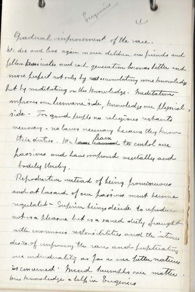 Manuscript Notebook Containing Drafts of Letters and Addresses about Eugenics and Related Topics circa 1907-1908