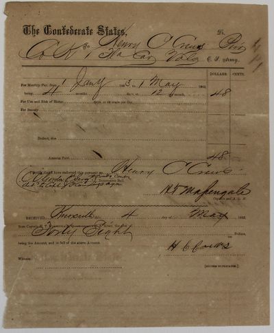 PRINTED DOCUMENT, COMPLETED IN MANUSCRIPT, AWARDING $48 PAY TO PRIVATE HENRY C. CREWS OF COMPANY K, 1ST FLORIDA CAVALRY VOLUNTEERS, FOR THE PERIOD 1 JANUARY 1863 TO 1 MAY 1863. SIGNED BY PRIVATE CREWS AND H.T. MASSENGALE, CAPTAIN AND A.Q.M., AT KNOXVILLE, 4 MAY, 1863